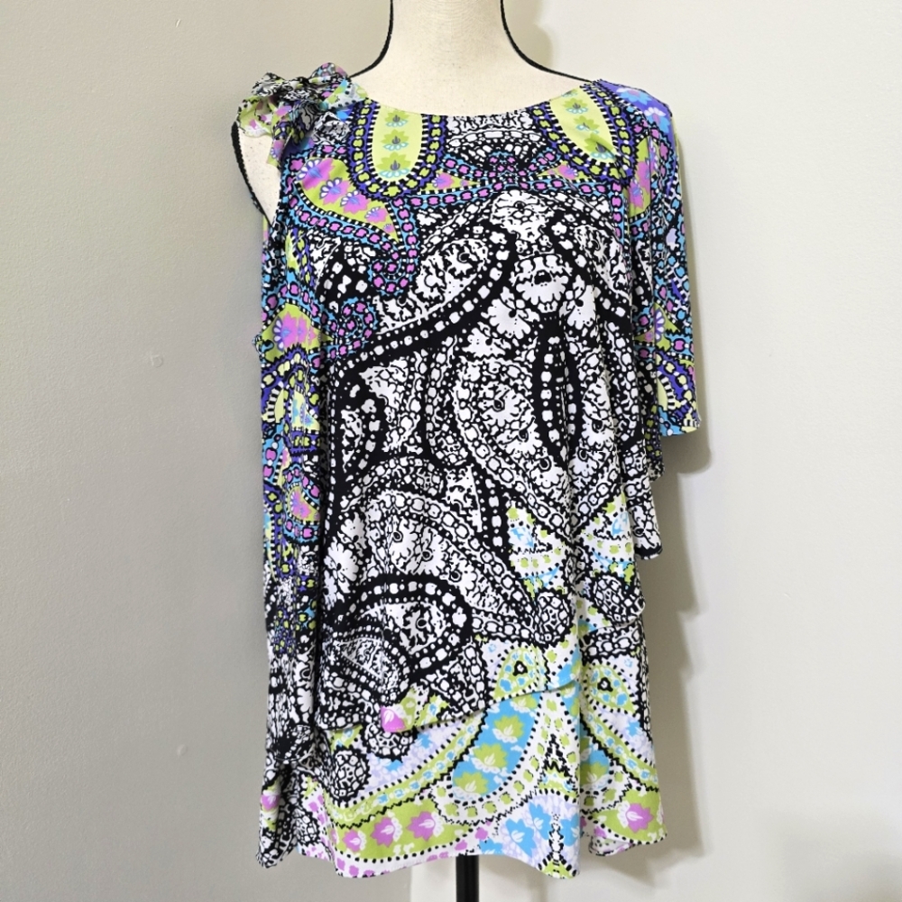 SHARON YOUNG vintage y2k Ruffled One Shoulder Colorful Paisley Beaded Blouse L